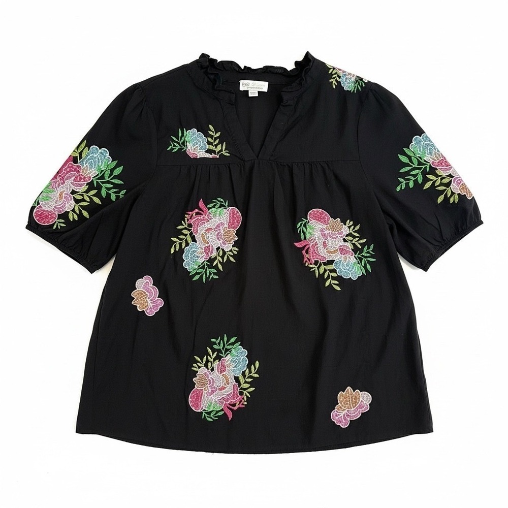 Cato Collection Black Floral Embroidered‎ Cotton Blouse Ruffle Neck Plus 18/20W